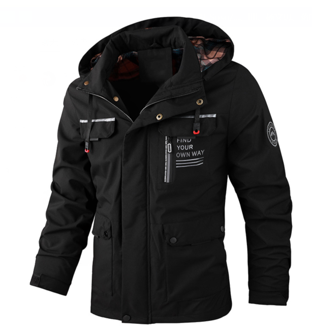 Schwarze Herren Winterjacke mit Kapuze und kariertem Innenfutter