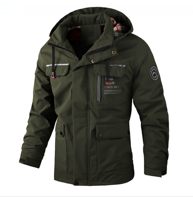 Olivgrüne Herren Winterjacke mit Kapuze und verstellbaren Bündchen