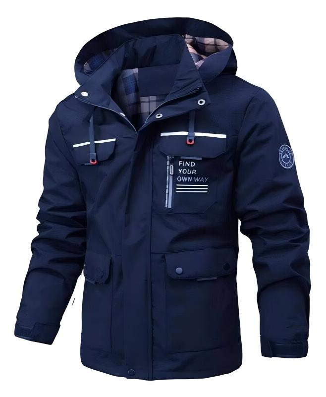 Dunkelblaue Winterjacke mit Kapuze und kariertem Futter für Herren