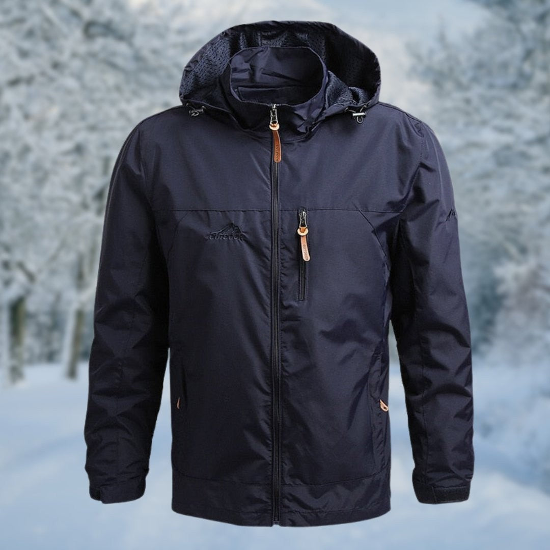 Dunkelblaue wasserdichte Jacke mit Kapuze und Brusttasche