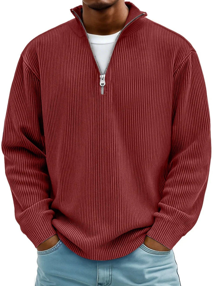 Rotbrauner Half-Zip Pullover Herren mit Stehkragen und Rippstrick-Struktur