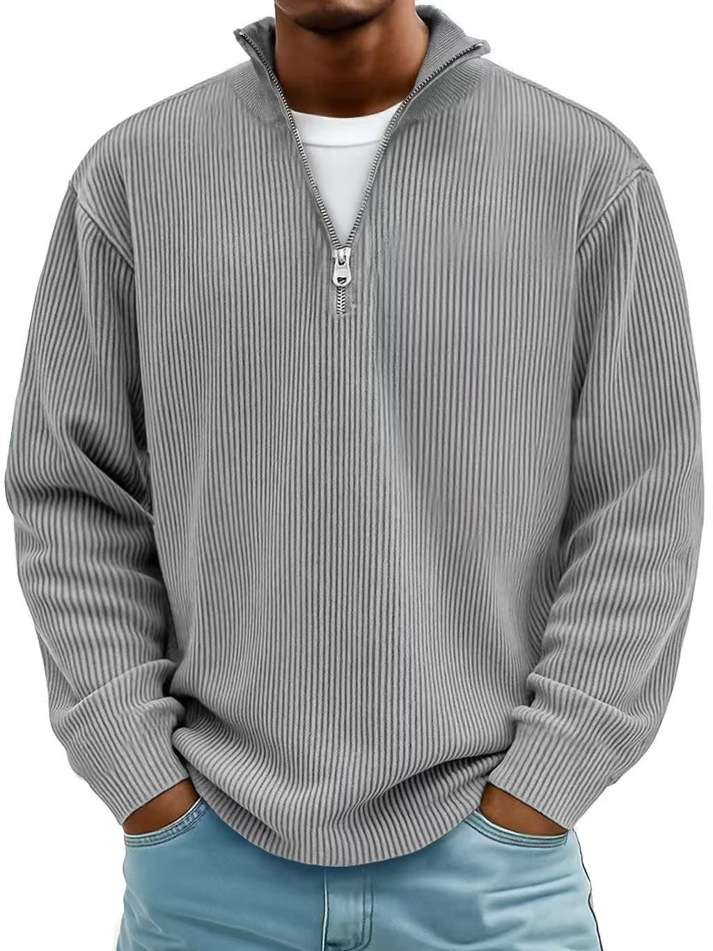 Grauer Half-Zip Pullover Herren mit Stehkragen und lockerer Rippstrick-Passform