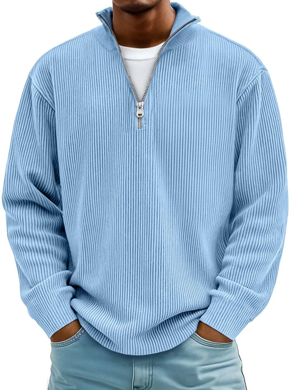 Hellblauer Half-Zip Pullover Herren im Rippstrick mit lockerer Passform