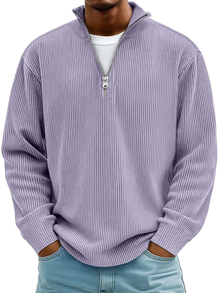 Flieder-farbener Half-Zip Pullover Herren mit Stehkragen aus Rippstrick