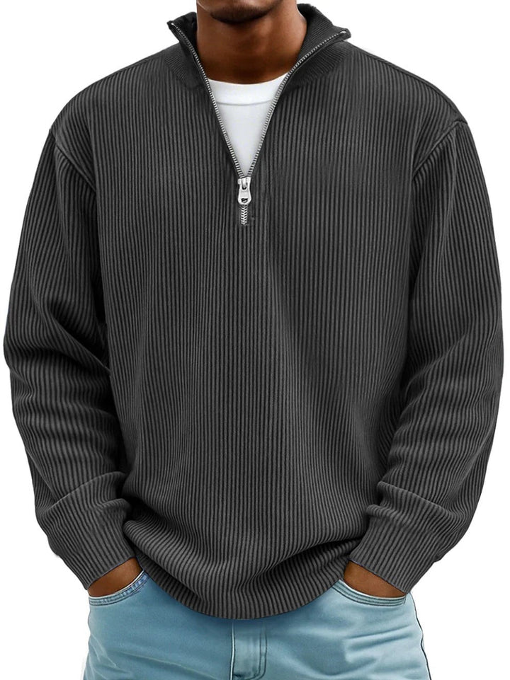 Anthrazitfarbener Half-Zip Pullover Herren mit Reißverschluss und Rippstruktur