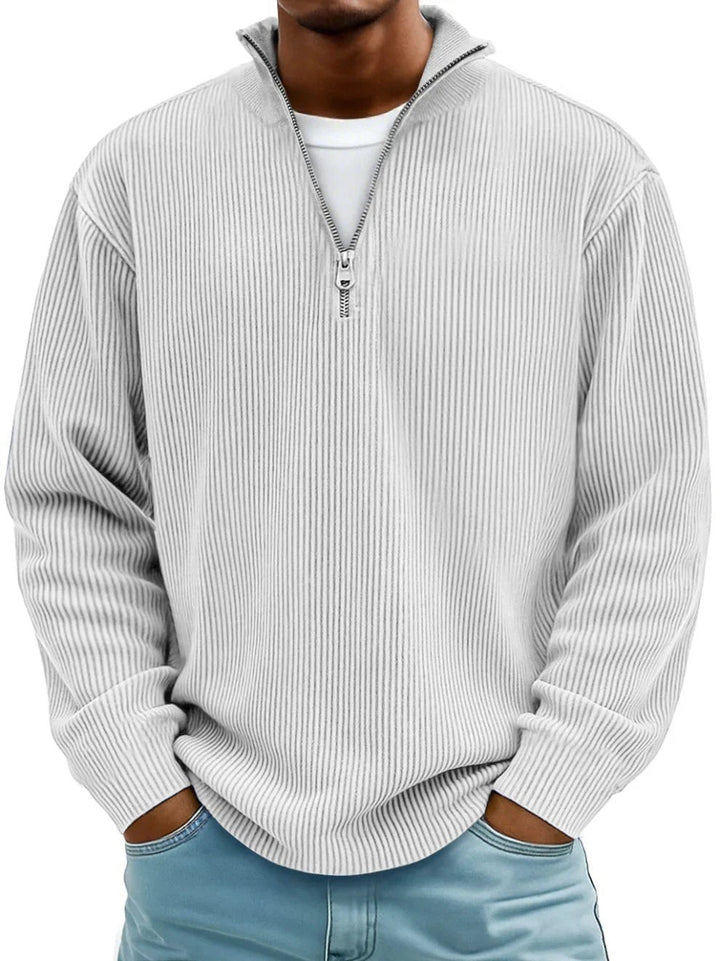 Hellgrauer Half-Zip Pullover Herren mit Stehkragen im Rippstrick-Design