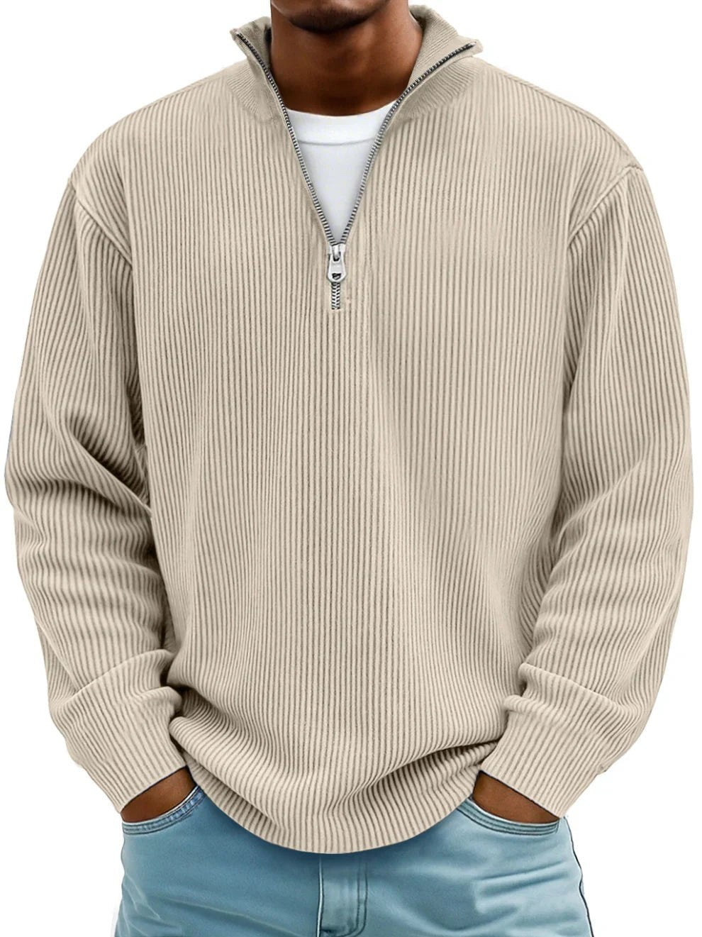 Beigefarbener Half-Zip Pullover Herren mit Stehkragen und lockerem Schnitt