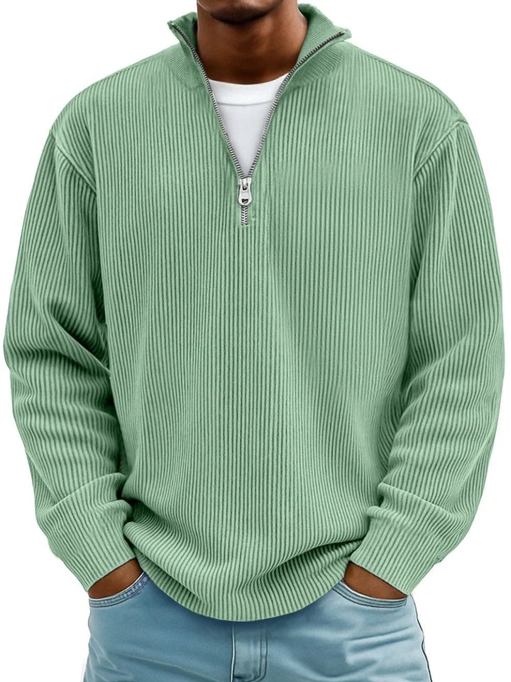 Salbeigrüner Half-Zip Pullover Herren aus geripptem Strick mit Stehkragen