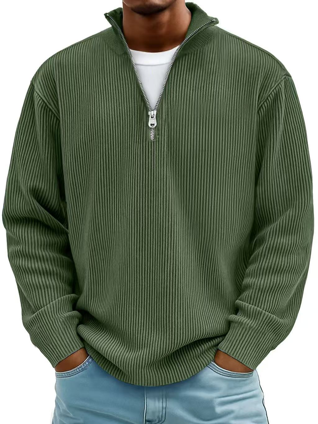 Olivgrüner Half-Zip Pullover Herren mit Reißverschluss und Rippstrick-Optik