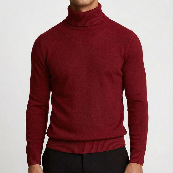 Bordeauxroter Rollkragenpullover aus Feinstrick mit Rippbündchen an Ärmeln