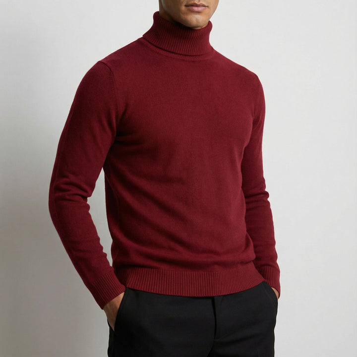 Bordeauxroter Rollkragenpullover in schmaler Passform mit Rippbündchen am Saum