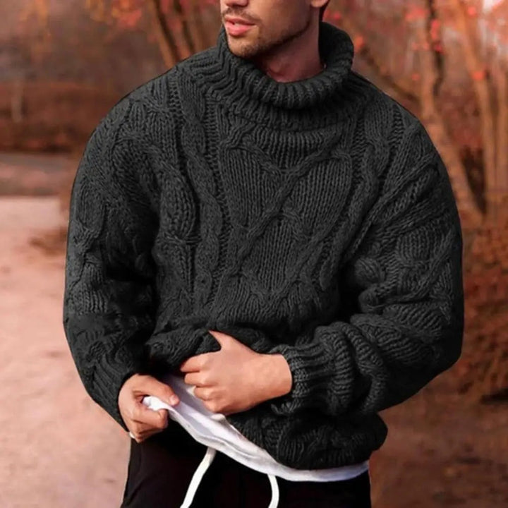 Schwarzer Rollkragenpullover Herren im Grobstrick-Look mit Zopfmuster und Rippbündchen