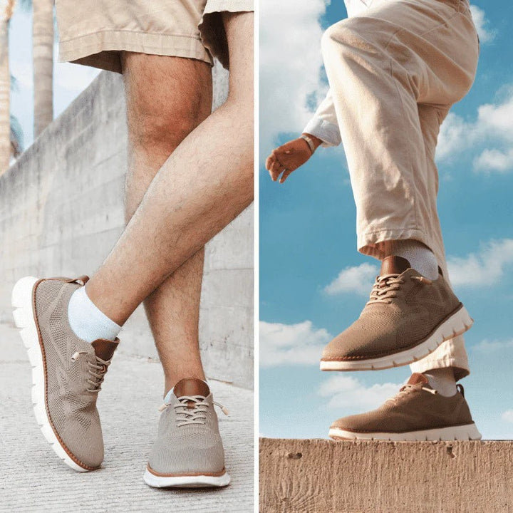 Beiger Strick-Sneaker am Fuß getragen, Nahaufnahme im Freien