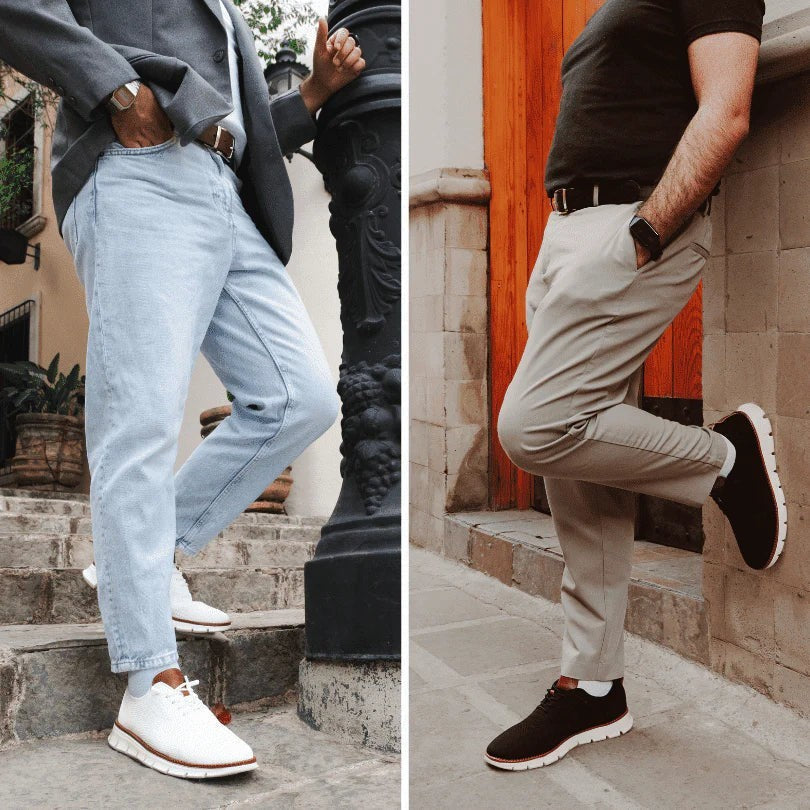Kombination aus weißem und schwarzem Sneaker zu Jeans und Chino getragen