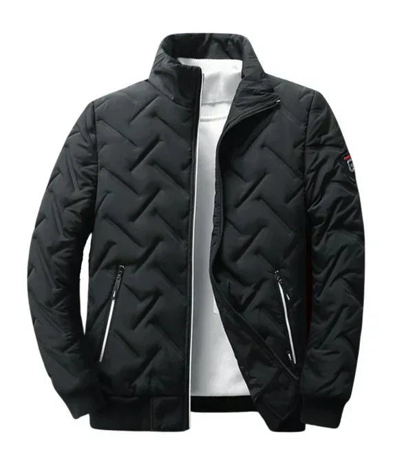 Schwarze Herren-Steppjacke mit Stehkragen und geometrischem Muster