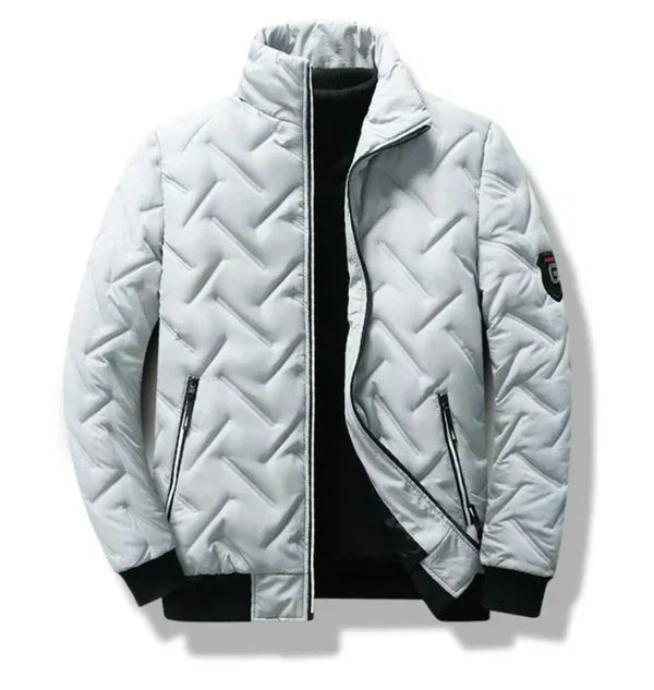 Hellgraue Winterjacke mit Stehkragen und Kontrastbündchen
