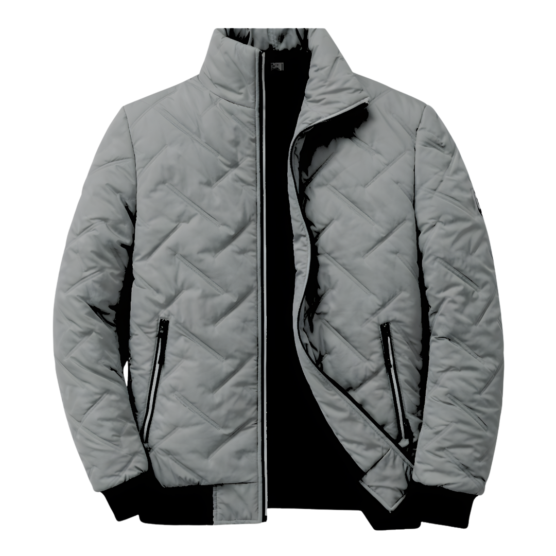 Graue Steppjacke mit Stehkragen und schwarzem Innenfutter, Reißverschluss offen