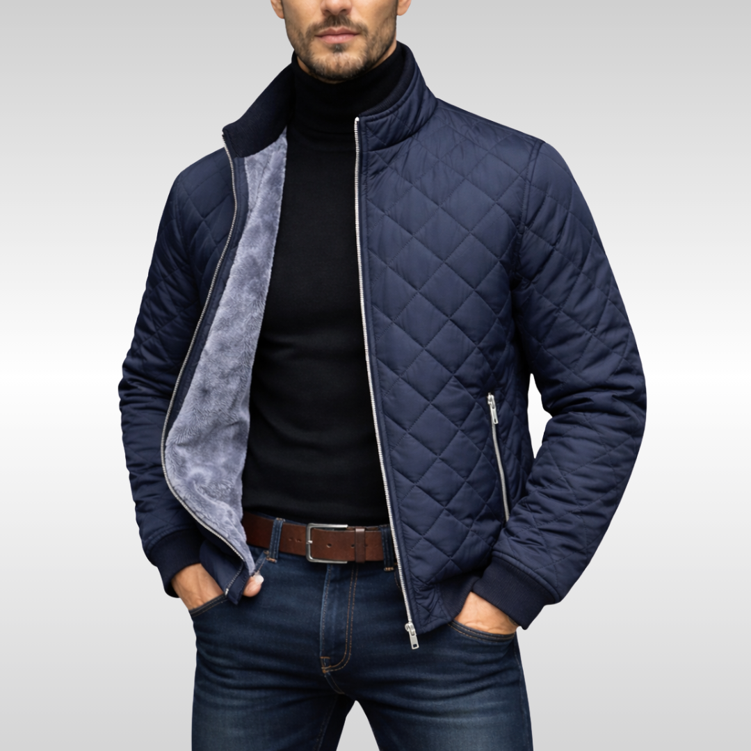 Dunkelblaue Steppjacke Herren mit Stehkragen und Fleece-Futter, offen getragen