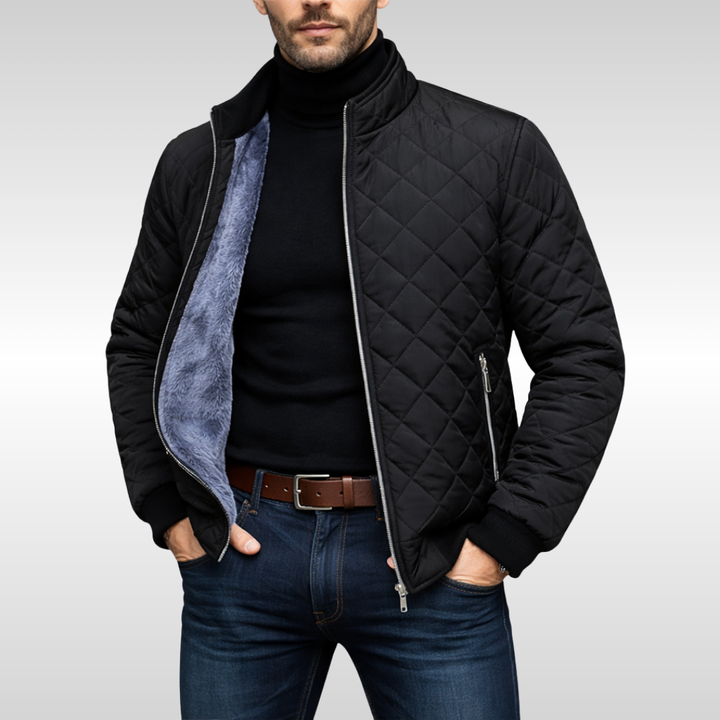 Schwarze Steppjacke für Herren mit Stehkragen und flauschigem Fleece-Futter