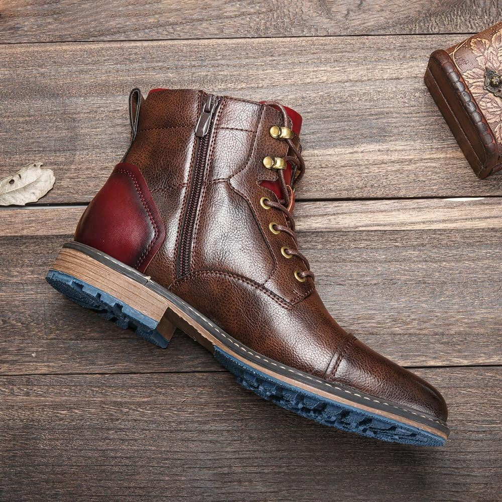 Seitenansicht Lederstiefelette braun mit Reißverschluss und Schnürung