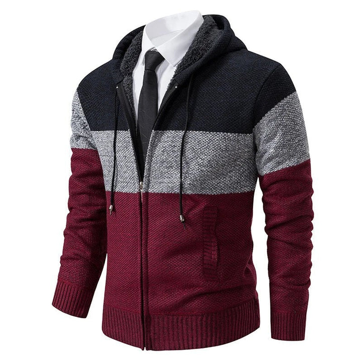 Strickjacke mit Kapuze in Weinrot, Schwarz und Grau meliert
