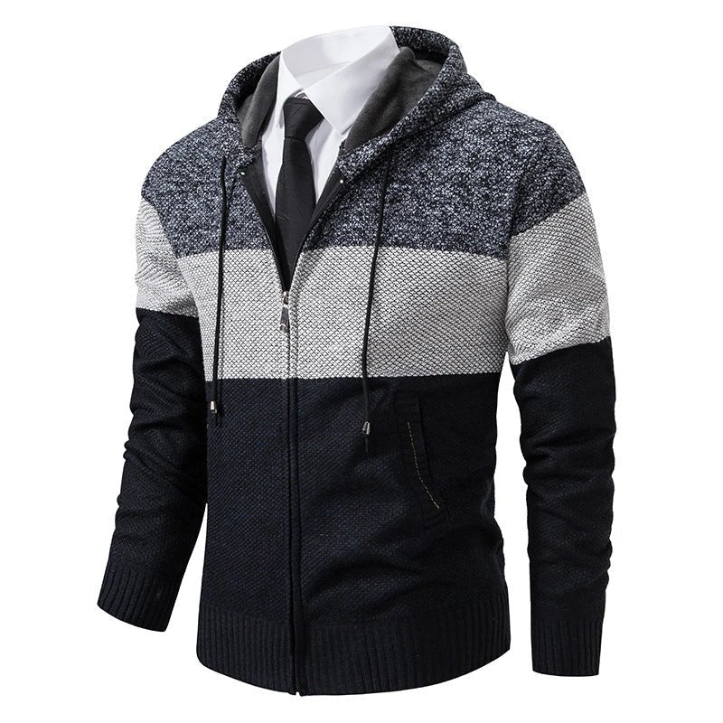 Herren Strickjacke schwarz-grau mit Kapuze und Reißverschluss im Colorblock-Look