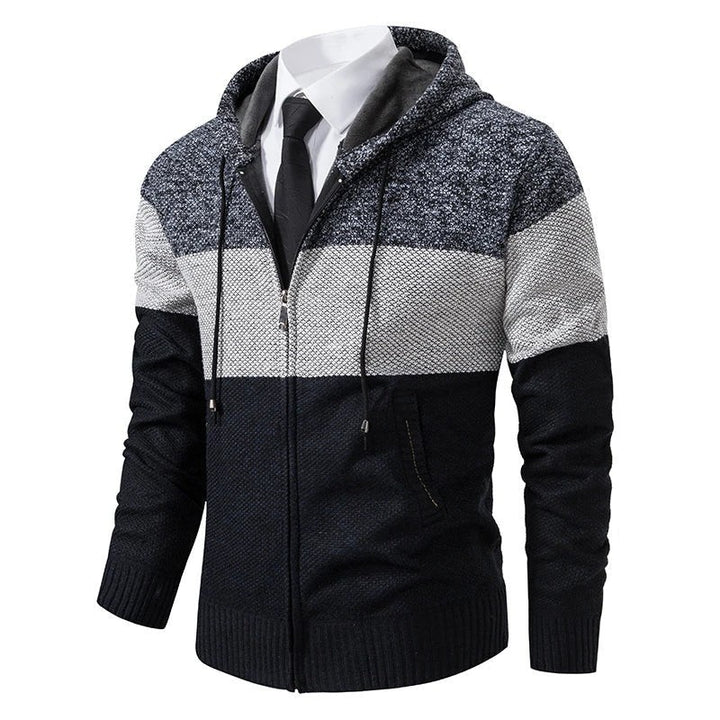 Herren Strickjacke schwarz-grau mit Kapuze und Reißverschluss im Colorblock-Look