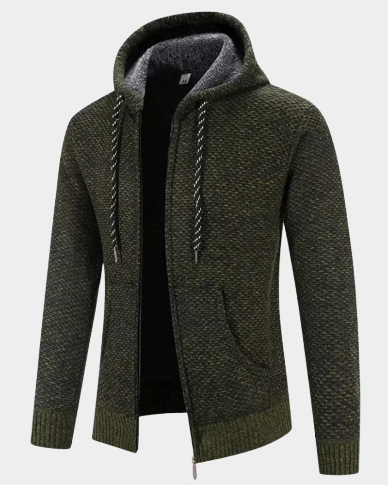 Strickjacke mit Kapuze für Herren in Oliv-Meliert mit Fleece-Futter und Reißverschluss