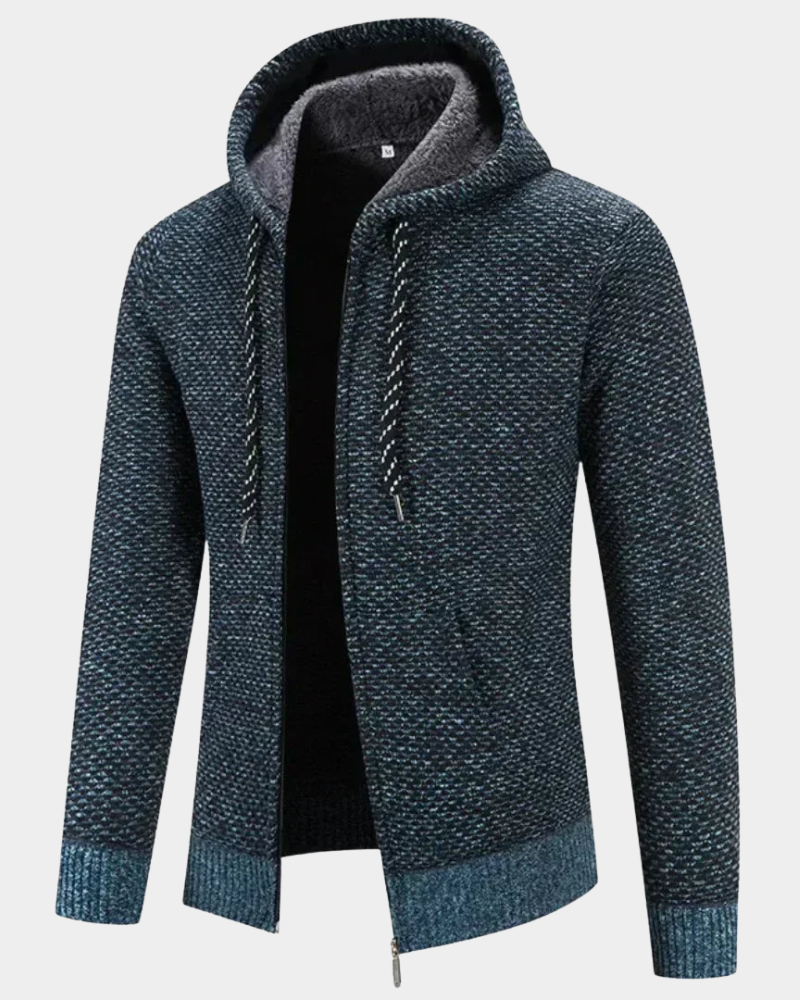 Herren Strickjacke mit Kapuze in Petrolblau-Meliert und kontrastierendem Rippbündchen