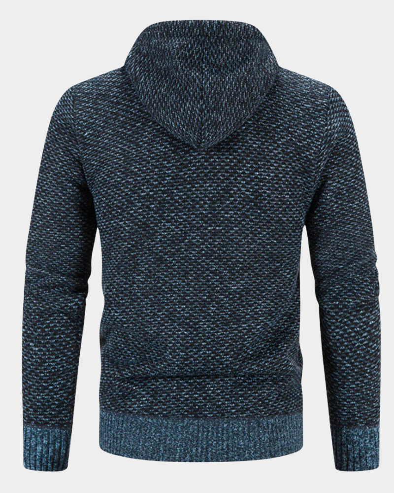 Rückenansicht einer meliertem Strickjacke mit Kapuze in Blau-Schwarz für Herren