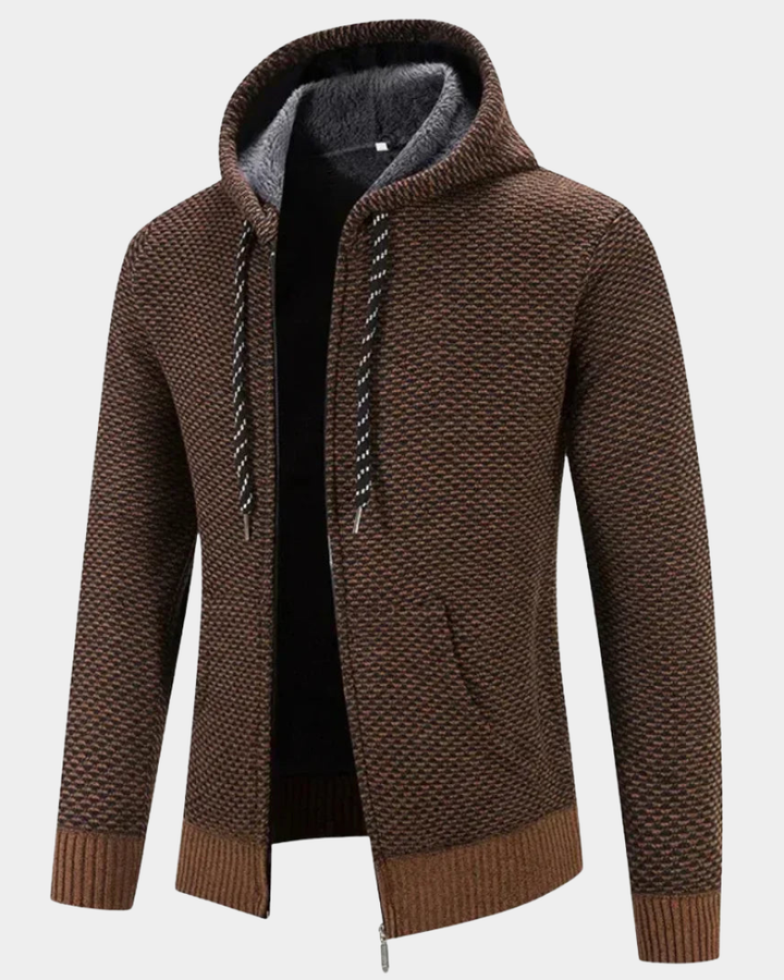 Braun melierte Herren Strickjacke mit Kapuze, Reißverschluss und Fleece-Futter