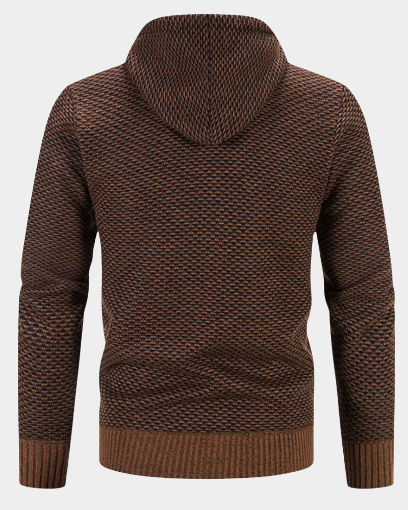 Rückansicht der braun melierten Herren Strickjacke mit Kapuze und Rippbündchen