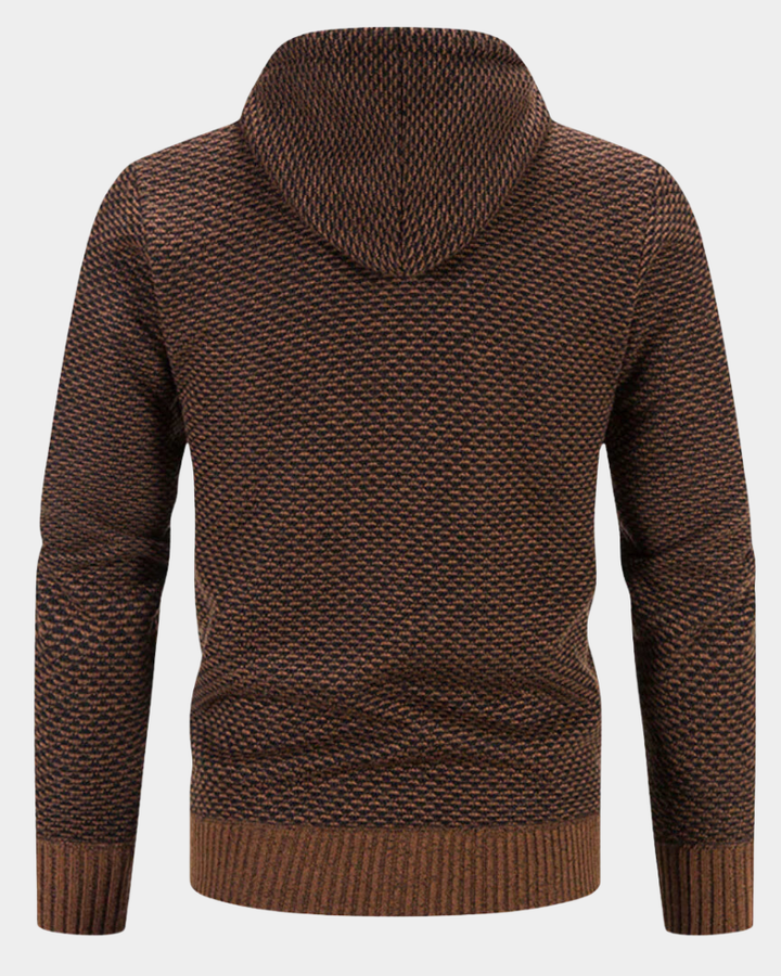 Rückansicht der braun melierten Herren Strickjacke mit Kapuze und Rippbündchen