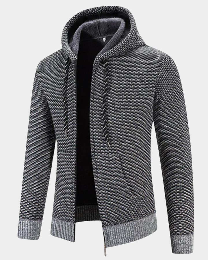Grau melierte Strickjacke mit Kapuze für Herren mit Reißverschluss und Fleece-Innenfutter