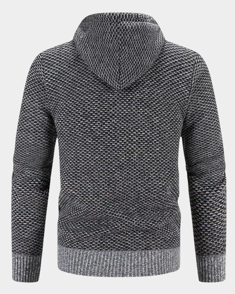 Rückenansicht einer grau melierten Herren Strickjacke mit Kapuze und Rippbündchen