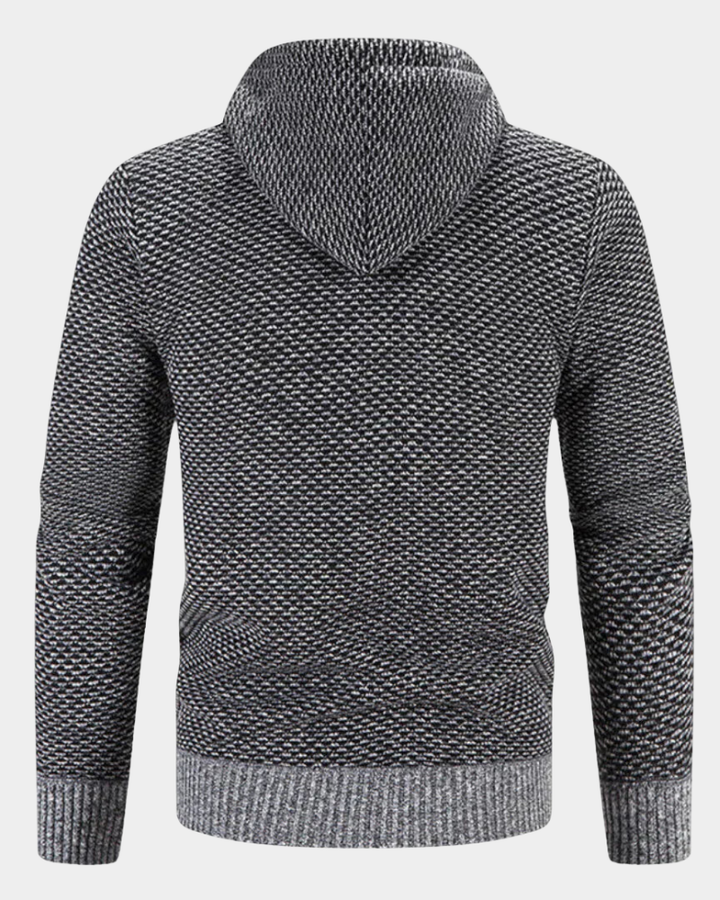 Rückenansicht einer grau melierten Herren Strickjacke mit Kapuze und Rippbündchen