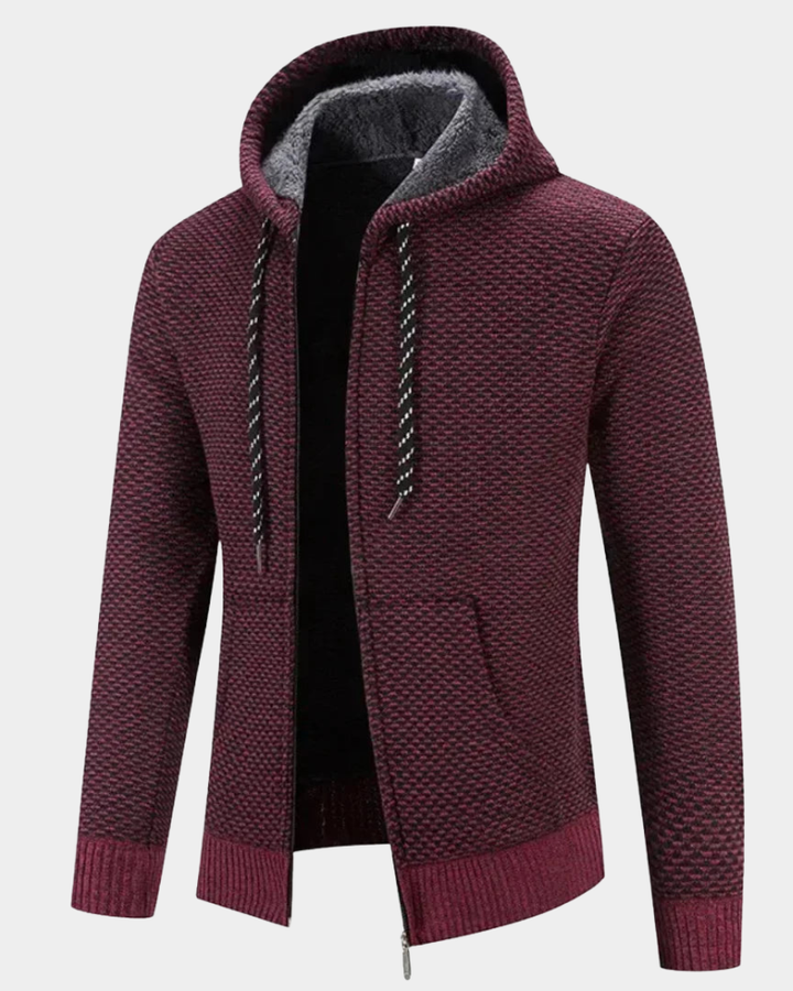Weinrote Herren Strickjacke mit Kapuze, Reißverschluss und meliertem Strickmuster