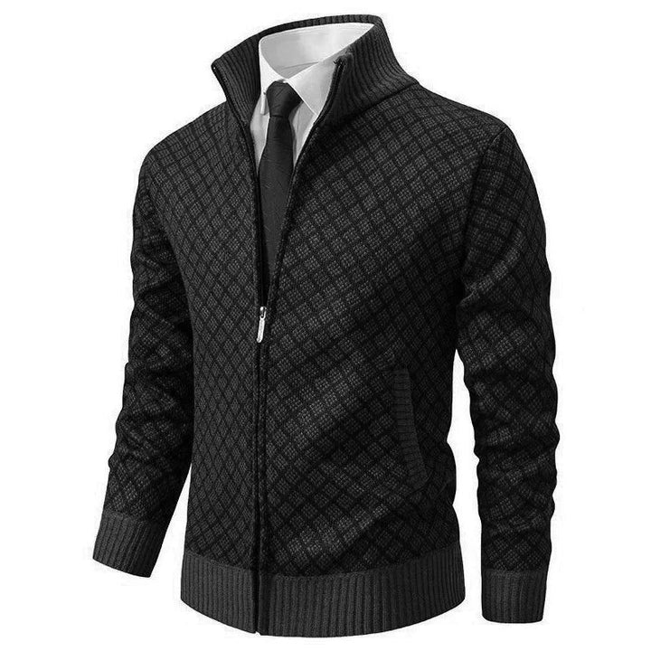 Strickjacke Herren schwarz mit Stehkragen und Rautenmuster, Reißverschluss