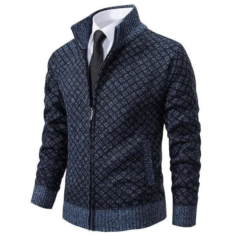 Herren Strickjacke dunkelblau mit Rautenmuster und gerippten Bündchen
