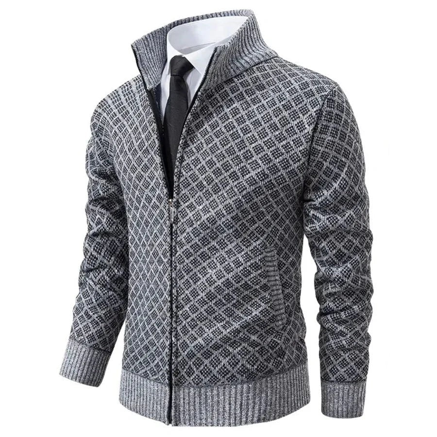 Graue Herren Strickjacke mit Stehkragen und Karo-Rautenmuster