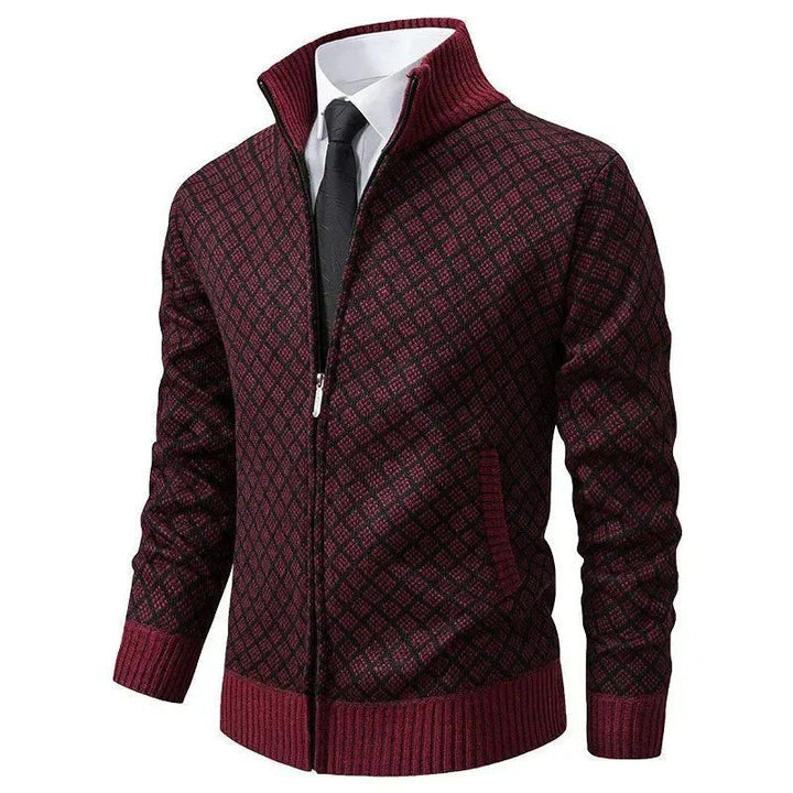Bordeauxrote Strickjacke Herren mit Reißverschluss und Rautenmuster