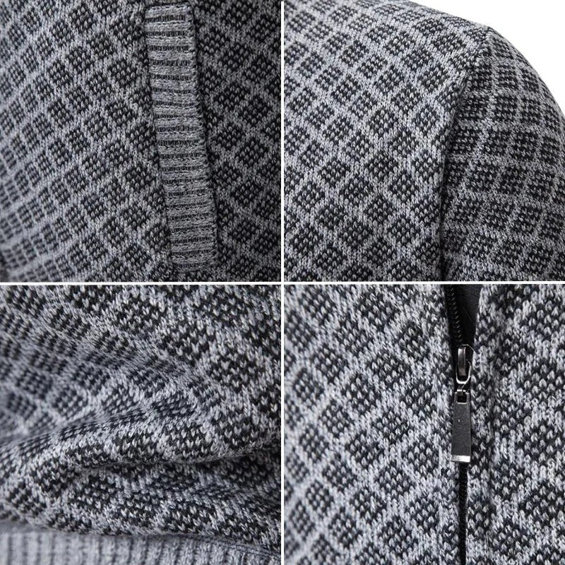 Detailansicht Strickjacke grau mit Rautenstrickmuster und Reißverschluss