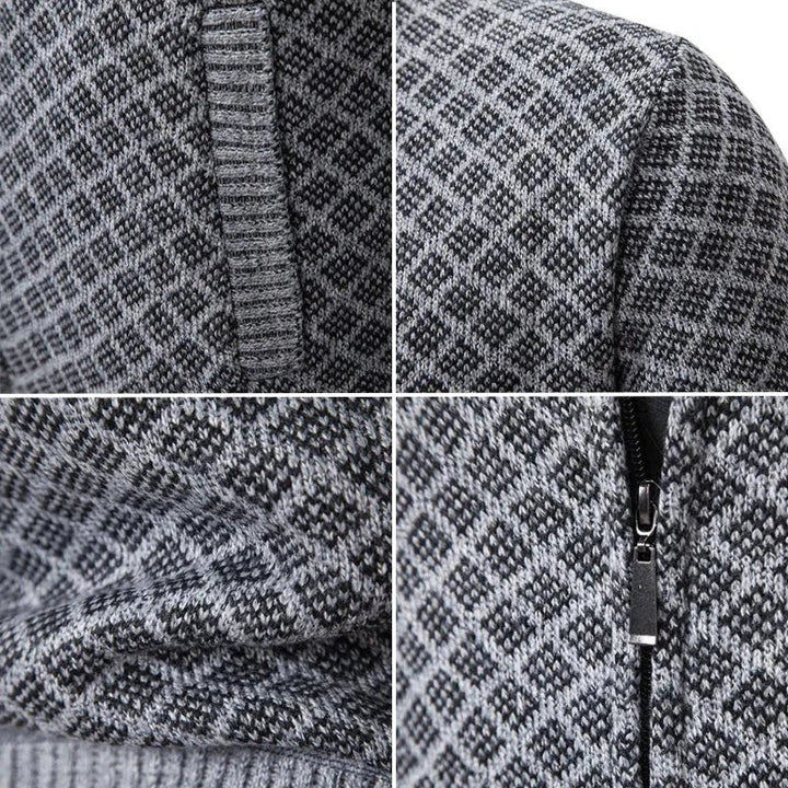 Detailansicht Strickjacke grau mit Rautenstrickmuster und Reißverschluss
