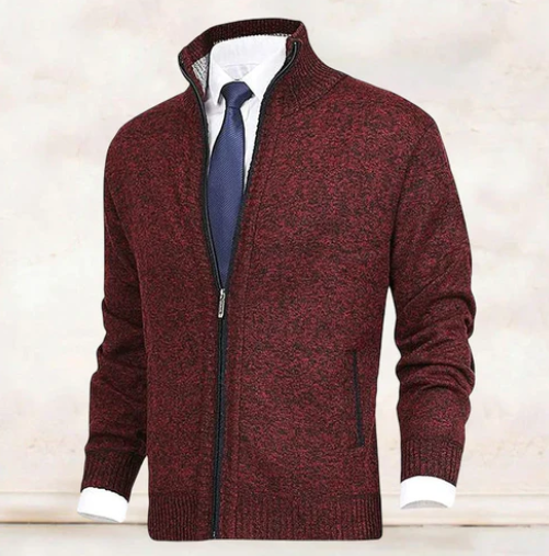 Bordeauxrote Strickjacke für Herren mit Stehkragen, Zip-Taschen und Ripp-Bündchen