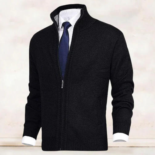 Schwarze Herren-Strickjacke mit Stehkragen, durchgehendem Reißverschluss und Ripp-Bündchen