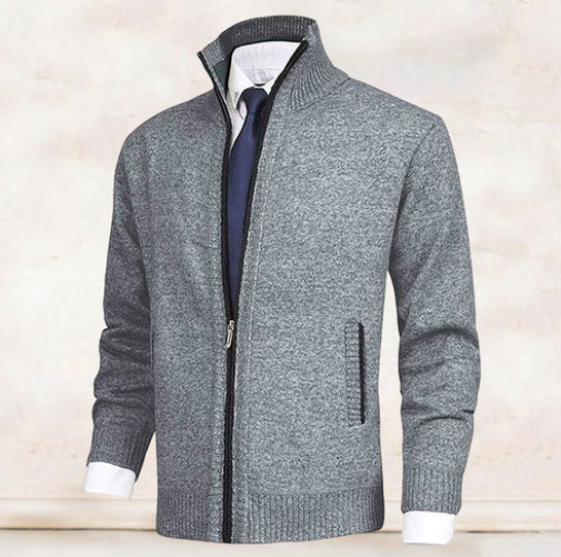 Hellgraue melierte Strickjacke für Herren mit Stehkragen und Zip-Taschen