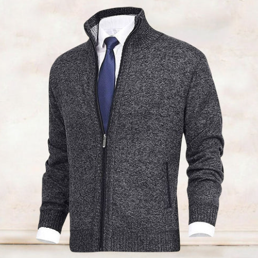 Anthrazitfarbene Herren-Strickjacke mit Stehkragen, Reißverschluss und Ripp-Bündchen