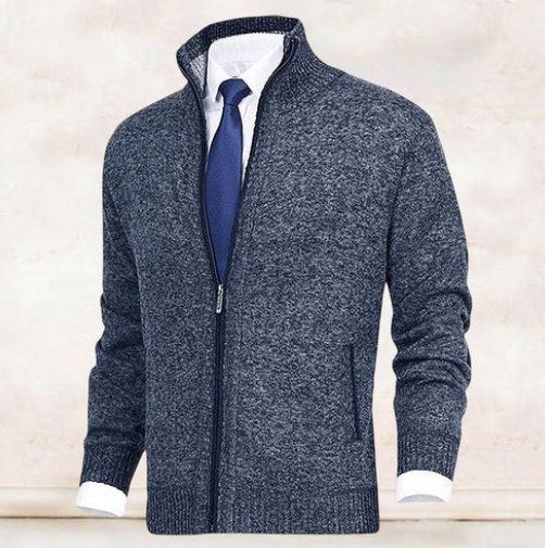 Dunkelblaue melierte Strickjacke für Herren mit Stehkragen und Zip-Taschen