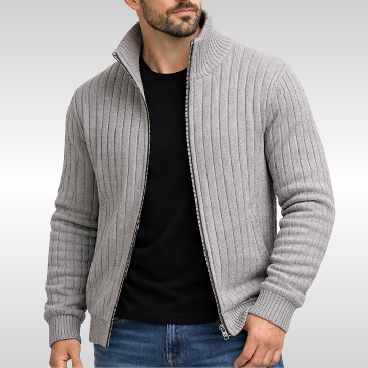 Graue Strickjacke mit Reißverschluss und Stehkragen im Rippstrick-Design