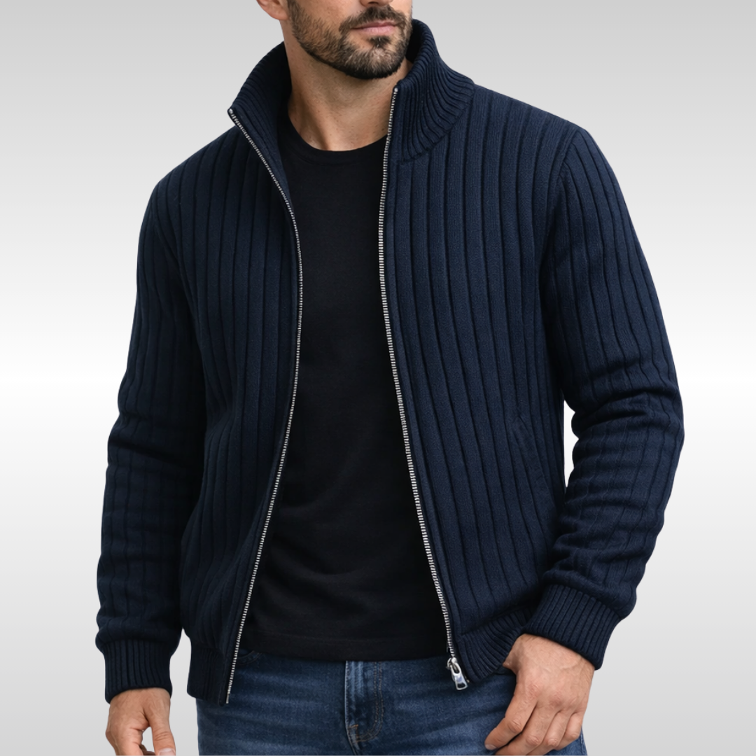 Marineblaue Herren-Strickjacke mit Stehkragen und silbernem Reißverschluss